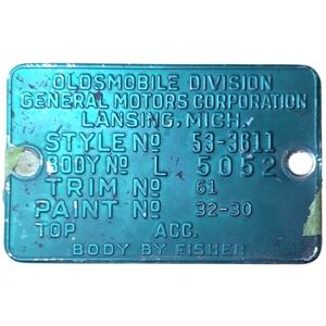 1953 Oldsmobile 88 Data Plate
